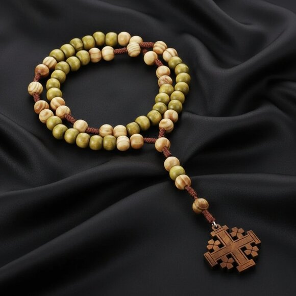 Olive Wood Rosary Jerusalem Holy Land Cross Necklace Hand Crafted NWOT - Picture 7 of 8